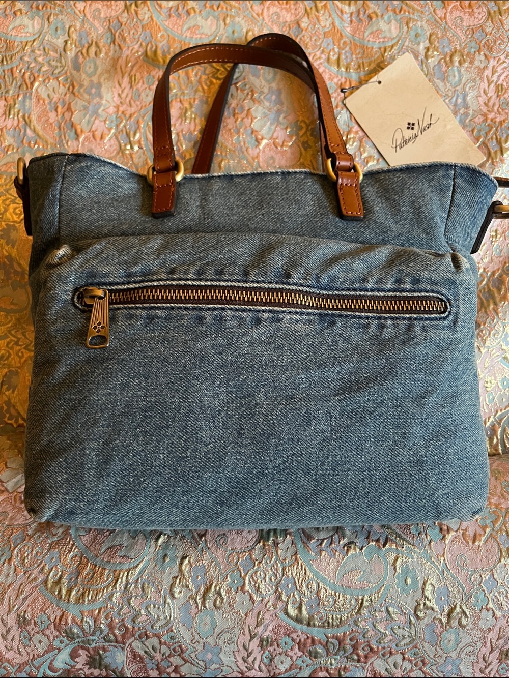 Patricia Nash Denim Tote with Brown Leather Handles w removable shoulder strap